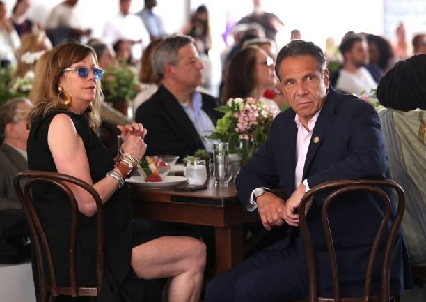 Jane Rosenthal and Governor of New York Andrew Cuomo attend the Tribeca Festival Welcome Lunch during the 2021 Tribeca Festival at Pier 76 on June...