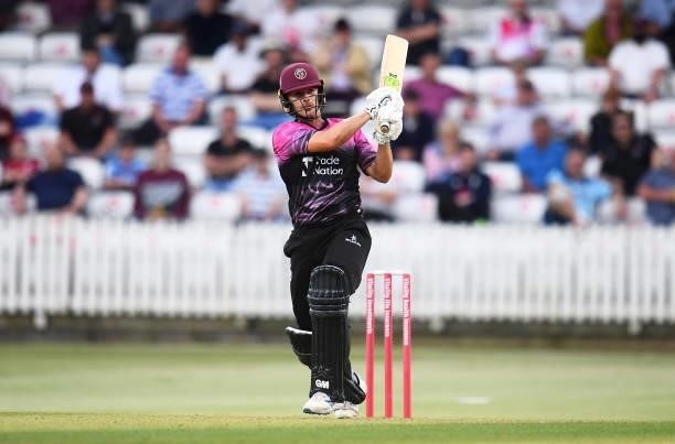 Ben Green of Somerset plays a shot during the Vitality T20 Blast match between Somerset and Essex at The Cooper Associates County Ground on June 09,...