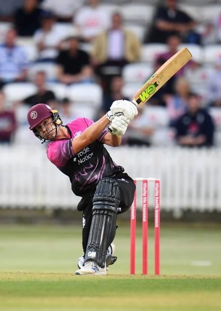 Ben Green of Somerset plays a shot during the Vitality T20 Blast match between Somerset and Essex at The Cooper Associates County Ground on June 09,...