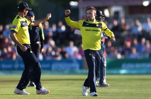 Mason Crane of Hampshire Hawks celebrates with his team mate after dismissing Daniel Bell-Drummond of Kent during the Vitality T20 Blast match...