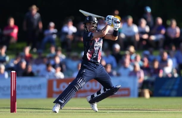Alex Blake of Kent bats during the Vitality T20 Blast match between Kent Spitfires and Hampshire Hawks at The Spitfire Ground on June 09, 2021 in...