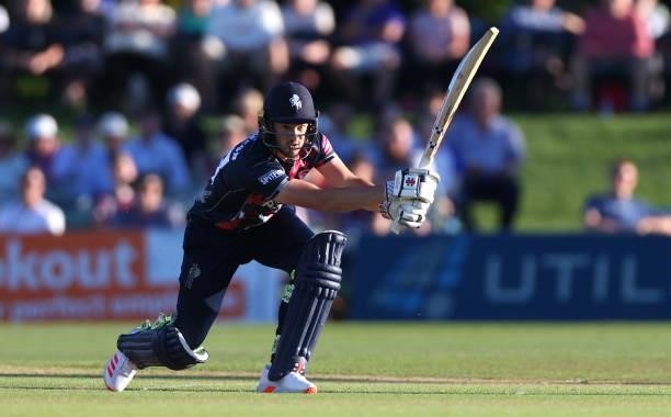 Ollie Robinson of Kent bats during the Vitality T20 Blast match between Kent Spitfires and Hampshire Hawks at The Spitfire Ground on June 09, 2021 in...