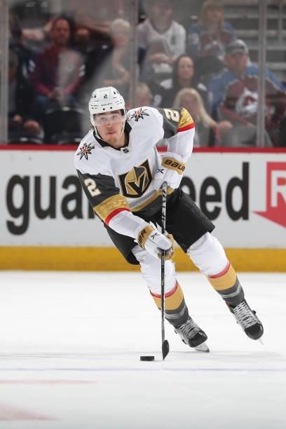Zach Whitecloud of the Vegas Golden Knights skates against the Colorado Avalanche in Game Five of the Second Round of the 2021 Stanley Cup Playoffs...