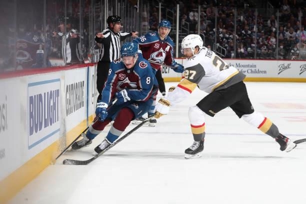 Cale Makar of the Colorado Avalanche skates against Shea Theodore of the Vegas Golden Knights in Game Five of the Second Round of the 2021 Stanley...