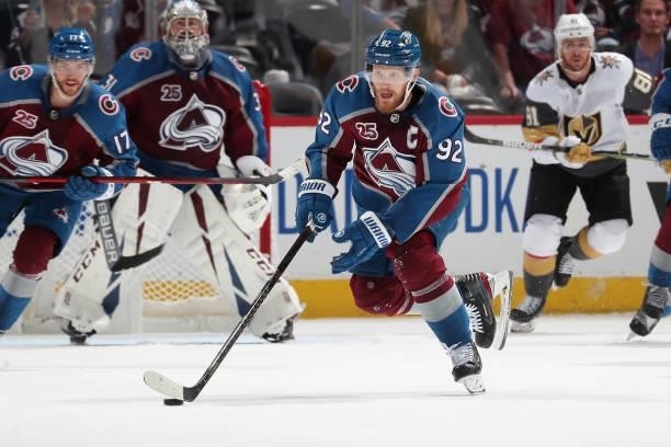 Gabriel Landeskog of the Colorado Avalanche skates against the Vegas Golden Knights in Game Five of the Second Round of the 2021 Stanley Cup Playoffs...
