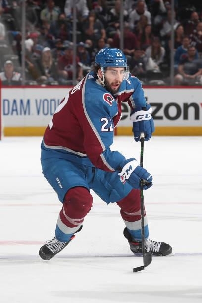 Conor Timmins of the Colorado Avalanche skates against the Vegas Golden Knights in Game Five of the Second Round of the 2021 Stanley Cup Playoffs at...