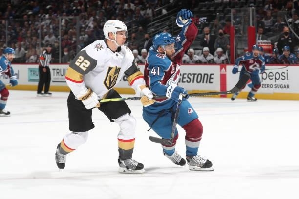Pierre-Edouard Bellemare of the Colorado Avalanche skates against Nick Holden of the Vegas Golden Knights in Game Five of the Second Round of the...