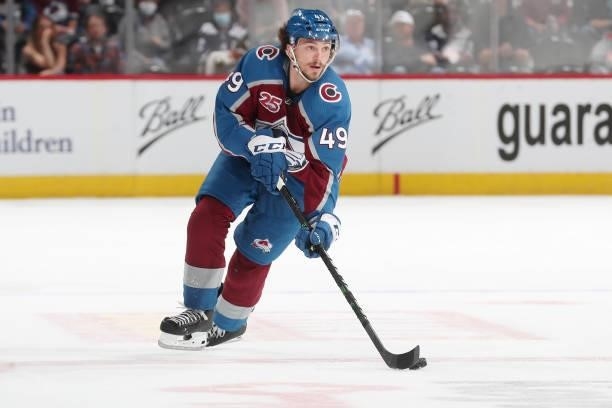 Samuel Girard of the Colorado Avalanche skates against the Vegas Golden Knights in Game Five of the Second Round of the 2021 Stanley Cup Playoffs at...