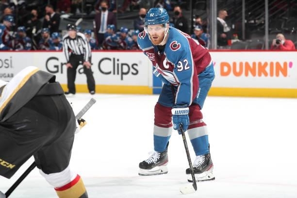 Gabriel Landeskog of the Colorado Avalanche awaits a face off against the Vegas Golden Knights in Game Five of the Second Round of the 2021 Stanley...