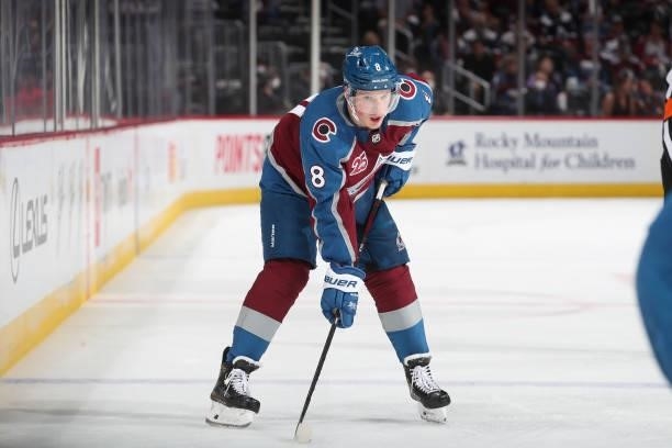 Cale Makar of the Colorado Avalanche awaits a face off against the Vegas Golden Knights in Game Five of the Second Round of the 2021 Stanley Cup...
