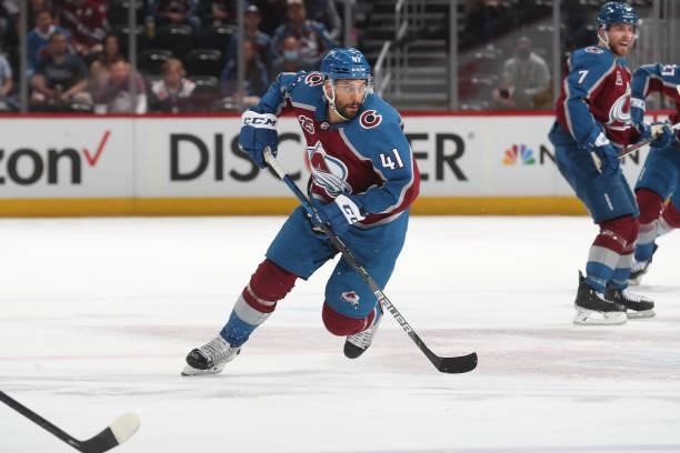 Pierre-Edouard Bellemare of the Colorado Avalanche skates against the Vegas Golden Knights in Game Five of the Second Round of the 2021 Stanley Cup...