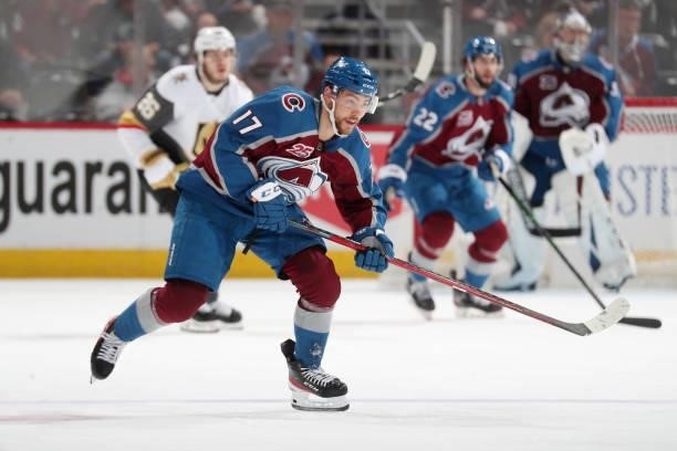 Tyson Jost of the Colorado Avalanche skates against the Vegas Golden Knights in Game Five of the Second Round of the 2021 Stanley Cup Playoffs at...