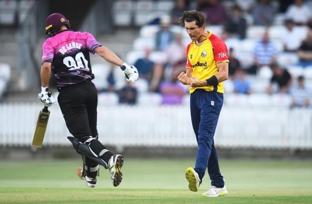 Jack Plom of Essex celebrates after taking the wicket of Marchant De Lange of Somerset during the Vitality T20 Blast match between Somerset and Essex...