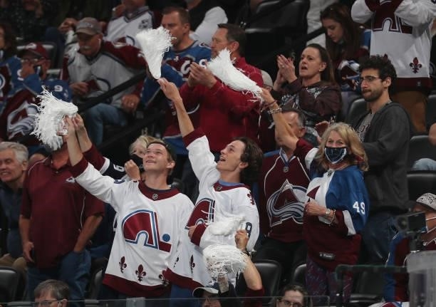 Fans of the Colorado Avalanche cheer against the Vegas Golden Knights in Game Five of the Second Round of the 2021 Stanley Cup Playoffs at Ball Arena...