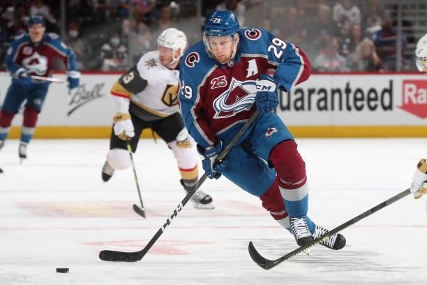 Nathan MacKinnon of the Colorado Avalanche skates against the Vegas Golden Knights in Game Five of the Second Round of the 2021 Stanley Cup Playoffs...