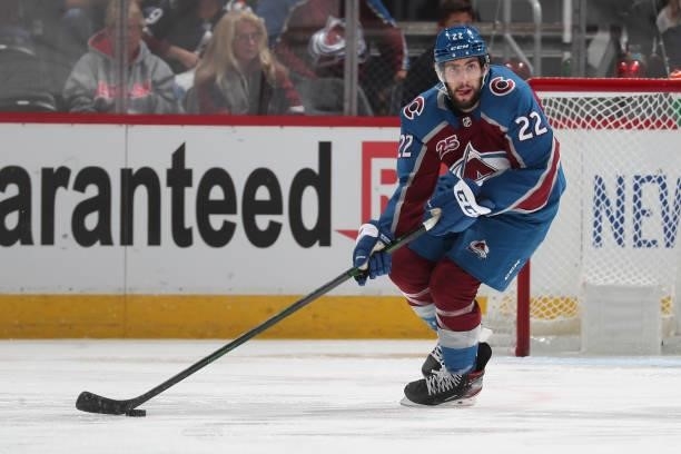 Conor Timmins of the Colorado Avalanche skates against the Vegas Golden Knights in Game Five of the Second Round of the 2021 Stanley Cup Playoffs at...