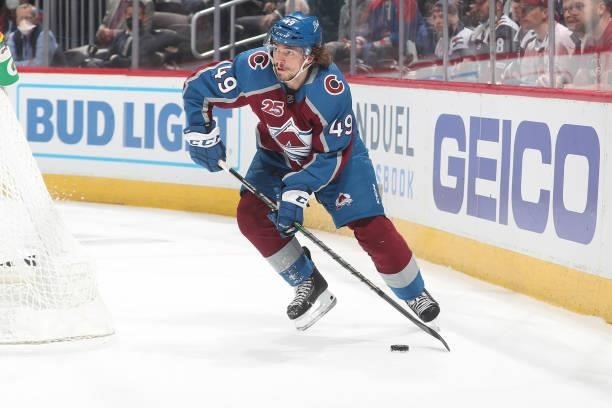 Samuel Girard of the Colorado Avalanche skates against the Vegas Golden Knights in Game Five of the Second Round of the 2021 Stanley Cup Playoffs at...