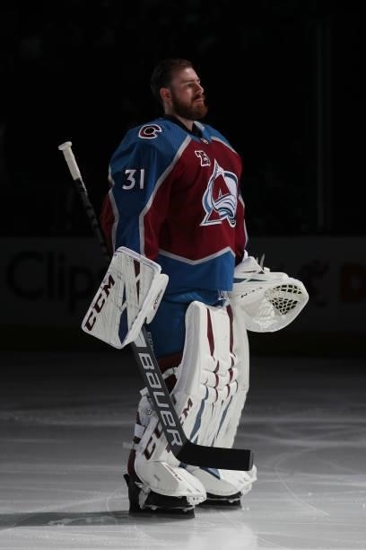 Goaltender Philipp Grubauer of the Colorado Avalanche skates prior to the game against the Vegas Golden Knights in Game Five of the Second Round of...