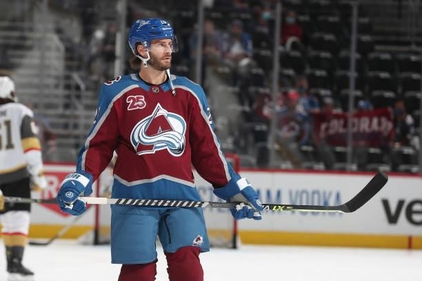 Brandon Saad of the Colorado Avalanche skates against the Vegas Golden Knights in Game Five of the Second Round of the 2021 Stanley Cup Playoffs at...