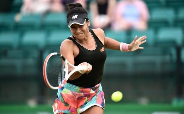 Heather Watson of Great Britain plays during her game against Tara Moore in the Women’s singles on day five of the Viking Open at Nottingham Tennis...