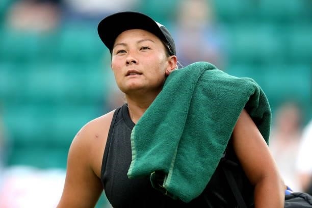 Tara Moore of Great Britain looks on after defeat against Heather Watson of Great Britain during Day 5 of the Viking Nottingham Open at Nottingham...