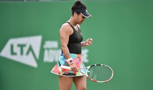 Heather Watson of Great Britain celebrates during her game against Tara Moore in the Women’s singles on day five of the Viking Open at Nottingham...