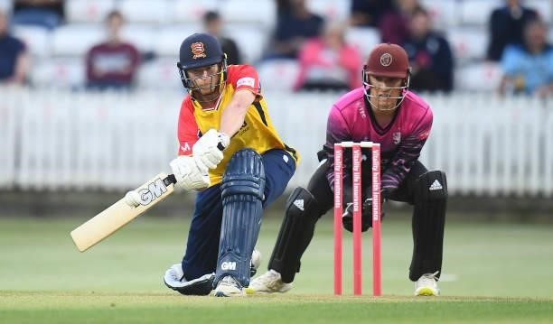 Tom Westley of Essex plays a shot as Tom Banton of Somerset looks on during the Vitality T20 Blast match between Somerset and Essex at The Cooper...
