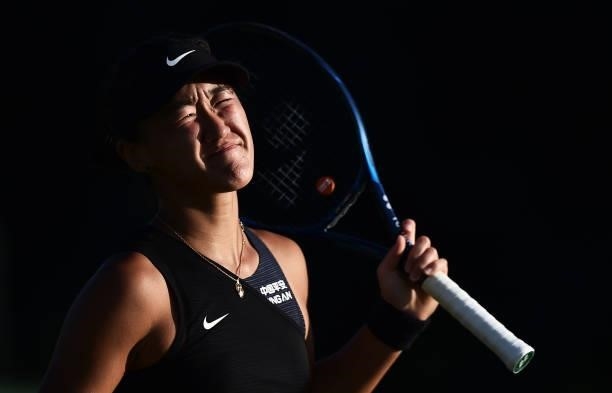 Xiyu Wang of China reacts as she plays against Alison Riske of United States in the Women’s singles on day five of the Viking Open at Nottingham...