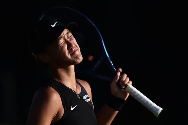 Xiyu Wang of China reacts as she plays against Alison Riske of United States in the Women’s singles on day five of the Viking Open at Nottingham...