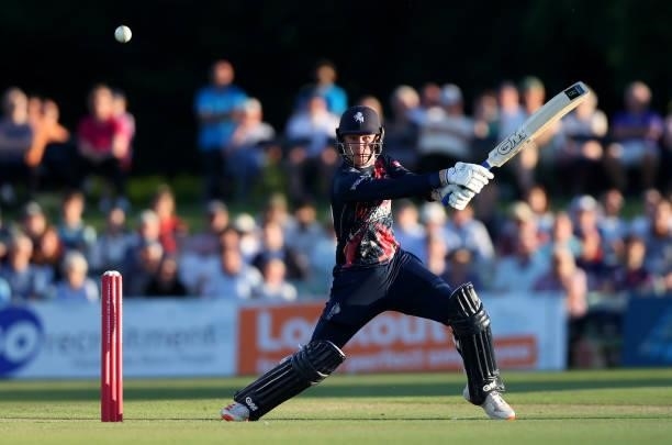 Jordan Cox of Kent bats during the Vitality T20 Blast match between Kent Spitfires and Hampshire Hawks at The Spitfire Ground on June 09, 2021 in...