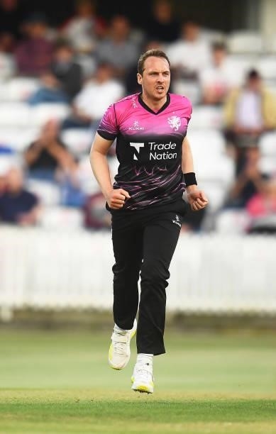 Josh Davey of Somerset celebrates after taking the wicket of Michael Pepper of Essex during the Vitality T20 Blast match between Somerset and Essex...