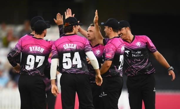 Josh Davey of Somerset celebrates after taking the wicket of Michael Pepper of Essex during the Vitality T20 Blast match between Somerset and Essex...