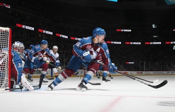 Mikko Rantanen of the Colorado Avalanche skates against the Vegas Golden Knights in Game Five of the Second Round of the 2021 Stanley Cup Playoffs at...