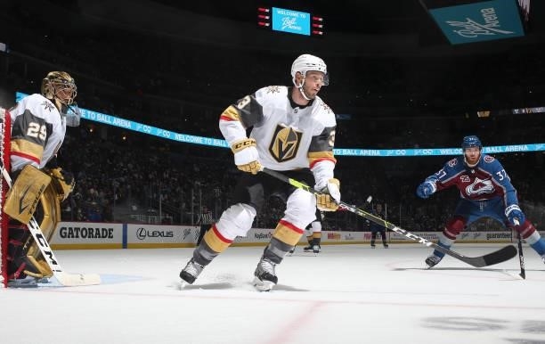 Brayden McNabb of the Vegas Golden Knights skates against the Colorado Avalanche in Game Five of the Second Round of the 2021 Stanley Cup Playoffs at...