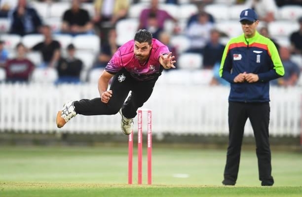 Marchant De Lange of Somerset in bowling action during the Vitality T20 Blast match between Somerset and Essex at The Cooper Associates County Ground...