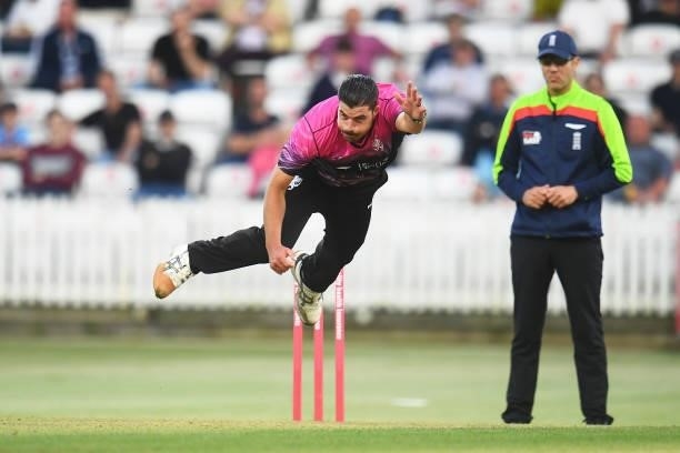 Marchant De Lange of Somerset in bowling action during the Vitality T20 Blast match between Somerset and Essex at The Cooper Associates County Ground...