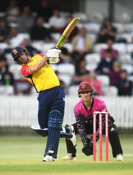 Ryan Ten Doeschate of Essex plays a shot as Tom Banton of Somerset looks on during the Vitality T20 Blast match between Somerset and Essex at The...