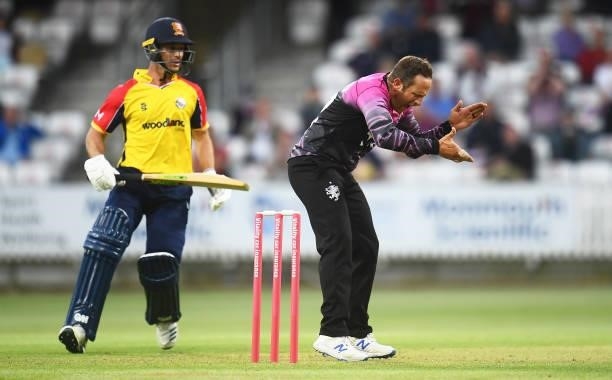 Roelof Van Der Merwe of Somerset reacts after a dropped catch during the Vitality T20 Blast match between Somerset and Essex at The Cooper Associates...