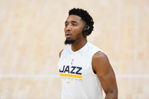 Donovan Mitchell of the Utah Jazz warms up before Game One of the Western Conference second-round playoff series against the LA Clippers at Vivint...