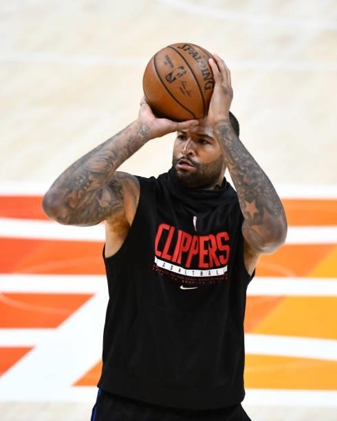 DeMarcus Cousins of the LA Clippers warms up before Game One of the Western Conference second-round playoff series against the Utah Jazz at Vivint...