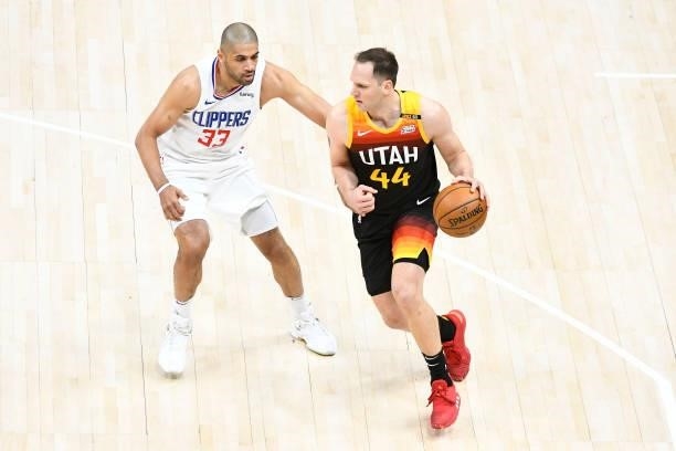 Bojan Bogdanovic of the Utah Jazz drives past Nicolas Batum of the LA Clippers in Game One of the Western Conference second-round playoff series at...