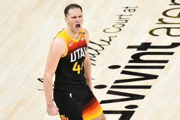 Bojan Bogdanovic of the Utah Jazz celebrates a three-point shot in Game One of the Western Conference second-round playoff series against the LA...