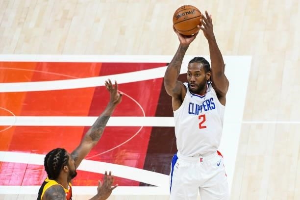 Kawhi Leonard of the LA Clippers in action during Game One of the Western Conference second-round playoff series against the Utah Jazz at Vivint...