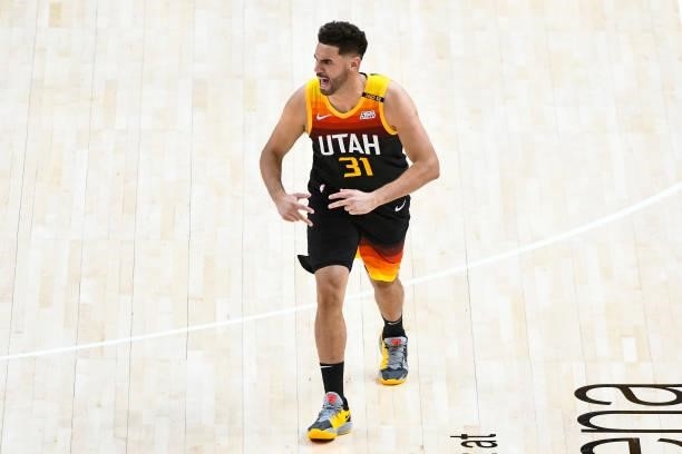 Georges Niang of the Utah Jazz reacts after a three-point play in Game One of the Western Conference second-round playoff series against the LA...