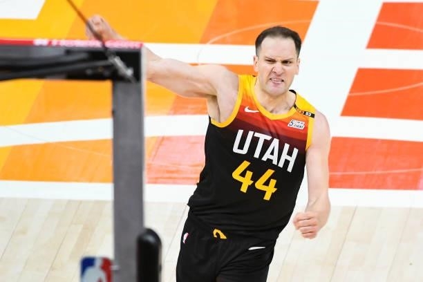 Bojan Bogdanovic of the Utah Jazz reacts after a three-point basket in Game One of the Western Conference second-round playoff series against the LA...