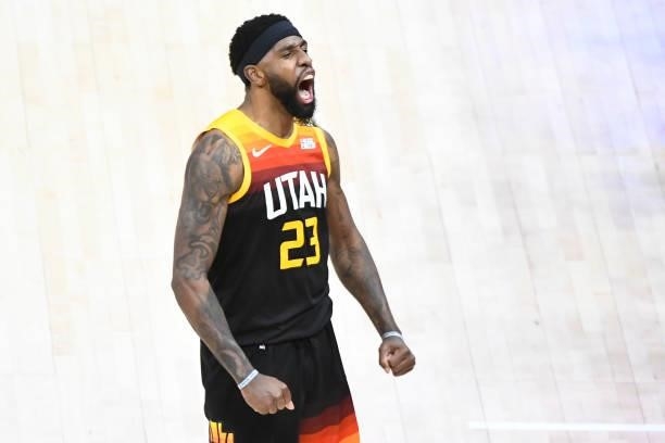 Royce O'Neale of the Utah Jazz reacts after defeating the LA Clippers in Game One of the Western Conference second-round playoff series at Vivint...