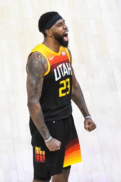 Royce O'Neale of the Utah Jazz reacts after defeating the LA Clippers in Game One of the Western Conference second-round playoff series at Vivint...