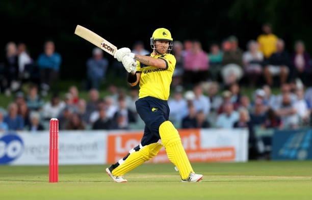 Arcy Short of Hampshire Hawks bats during the Vitality T20 Blast match between Kent Spitfires and Hampshire Hawks at The Spitfire Ground on June 09,...