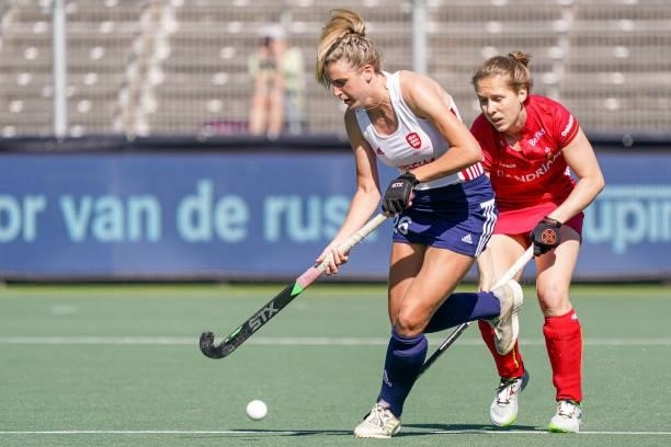 Lily Owsley of England, Judith Vandermeiren of Belgium during the Euro Hockey Championships match between Belgium and England at Wagener Stadion on...