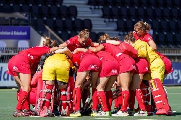 National Team of Belgium forming a huddle during the Euro Hockey Championships match between Belgium and England at Wagener Stadion on June 9, 2021...